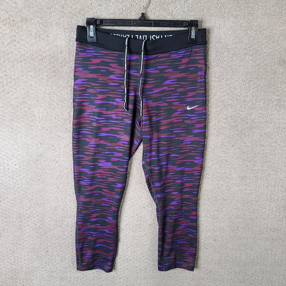 Nike Pants Women Medium Purple Black Camo Dri Fit Running Leggings Capri Stretch